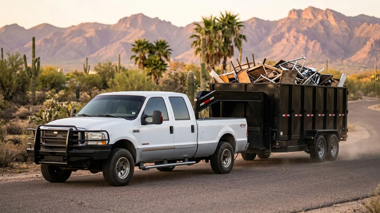 CNC Junk Removal truck and trailer parked in an Arizona suburban driveway